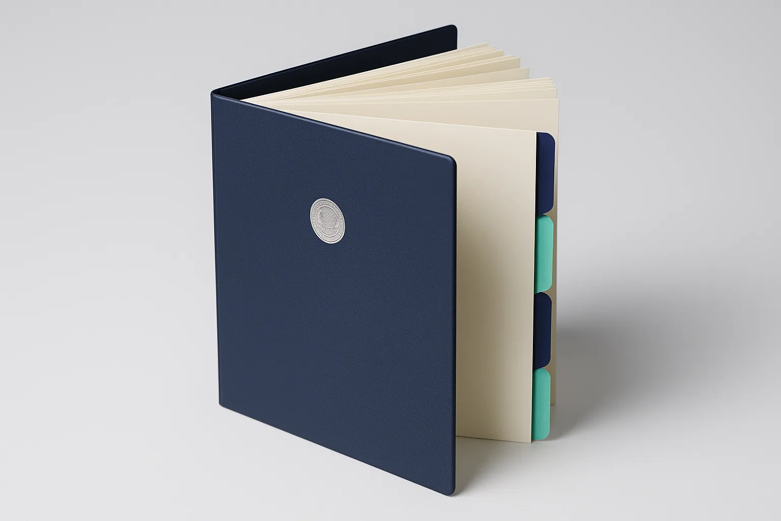 A corporate minute book standing open, showing tabbed dividers for each set of records
